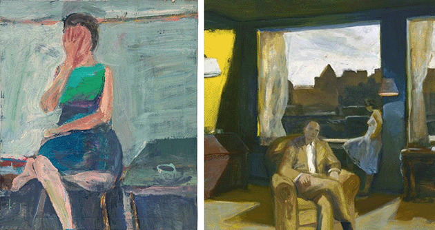 Left: Richard Diebenkorn, Girl and Striped Chair, 1958. Right: Elmer Bischoff, Interior with Two Figures, 1968. Credit to come. © Estate of Elmer Bischoff.